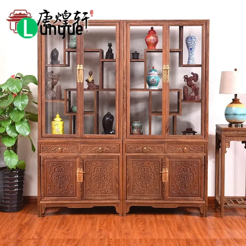 Chinese Solid Wood Chicken Wing Mahogany Double Door Display Cabinet Antique Bogu Frame Glass Showcase for Living Room Home