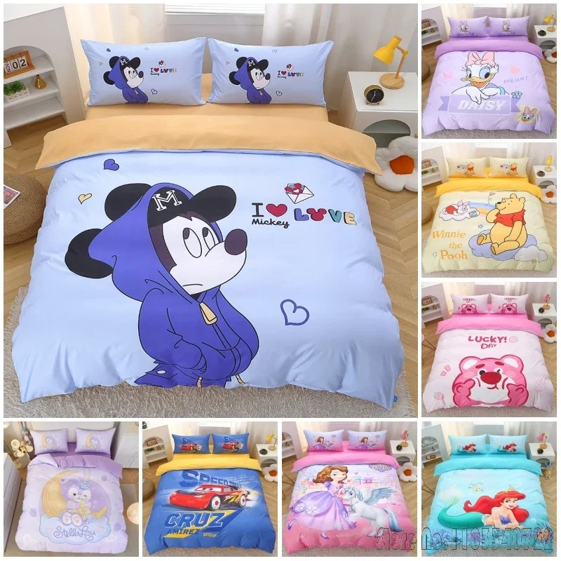 

2026 Mickey Mouse Winnie Strawberry Bear Bedding Sets Duvet Cover Set HD Comforter Cover for Kids Bedclothes Bedroom Decor