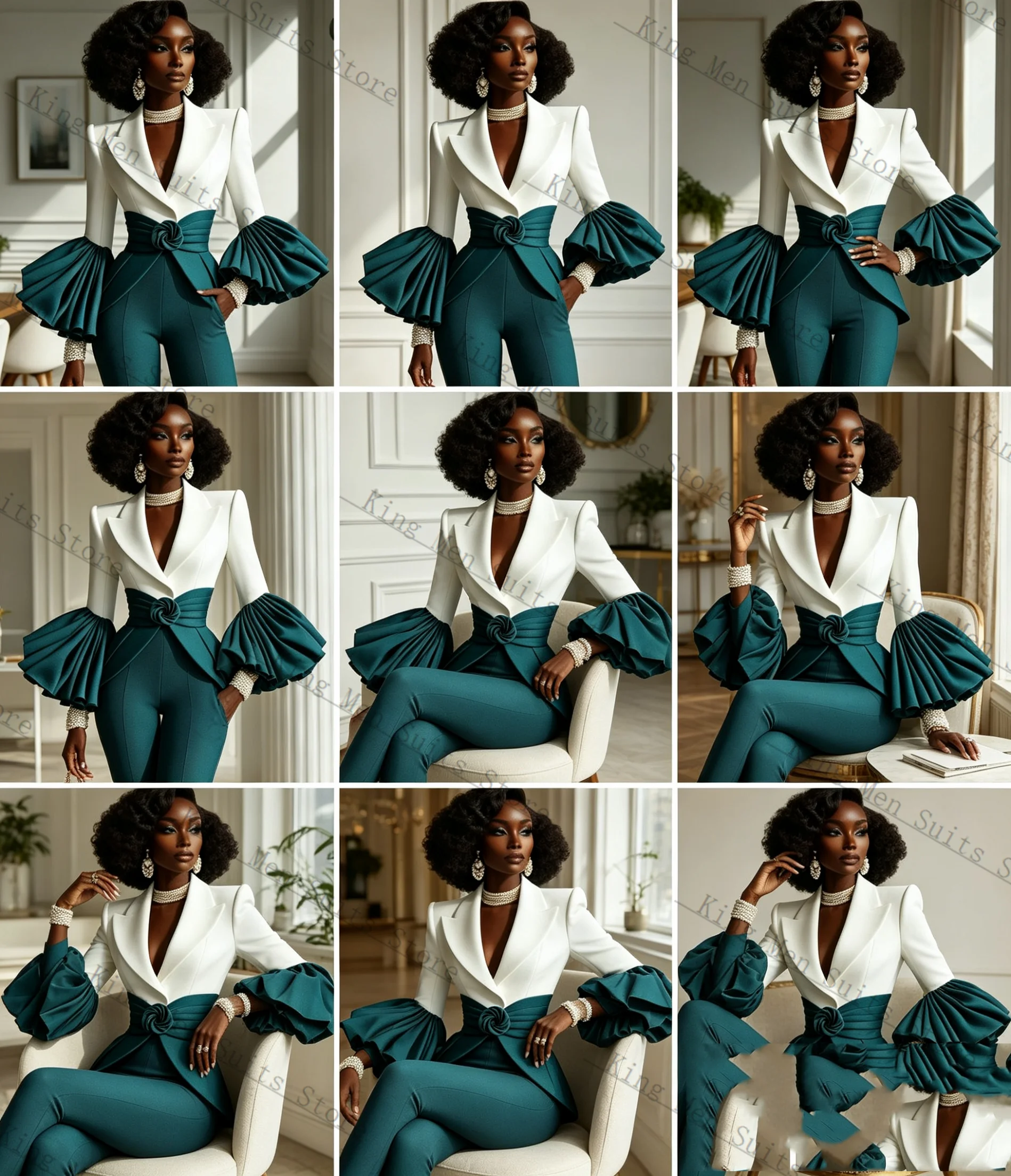 

White Green Women Suit Set 2 Pcs Blazer Straight Pants Trousers Cotton Customized Formal Office Wedding Tuxedos Coat Jacket