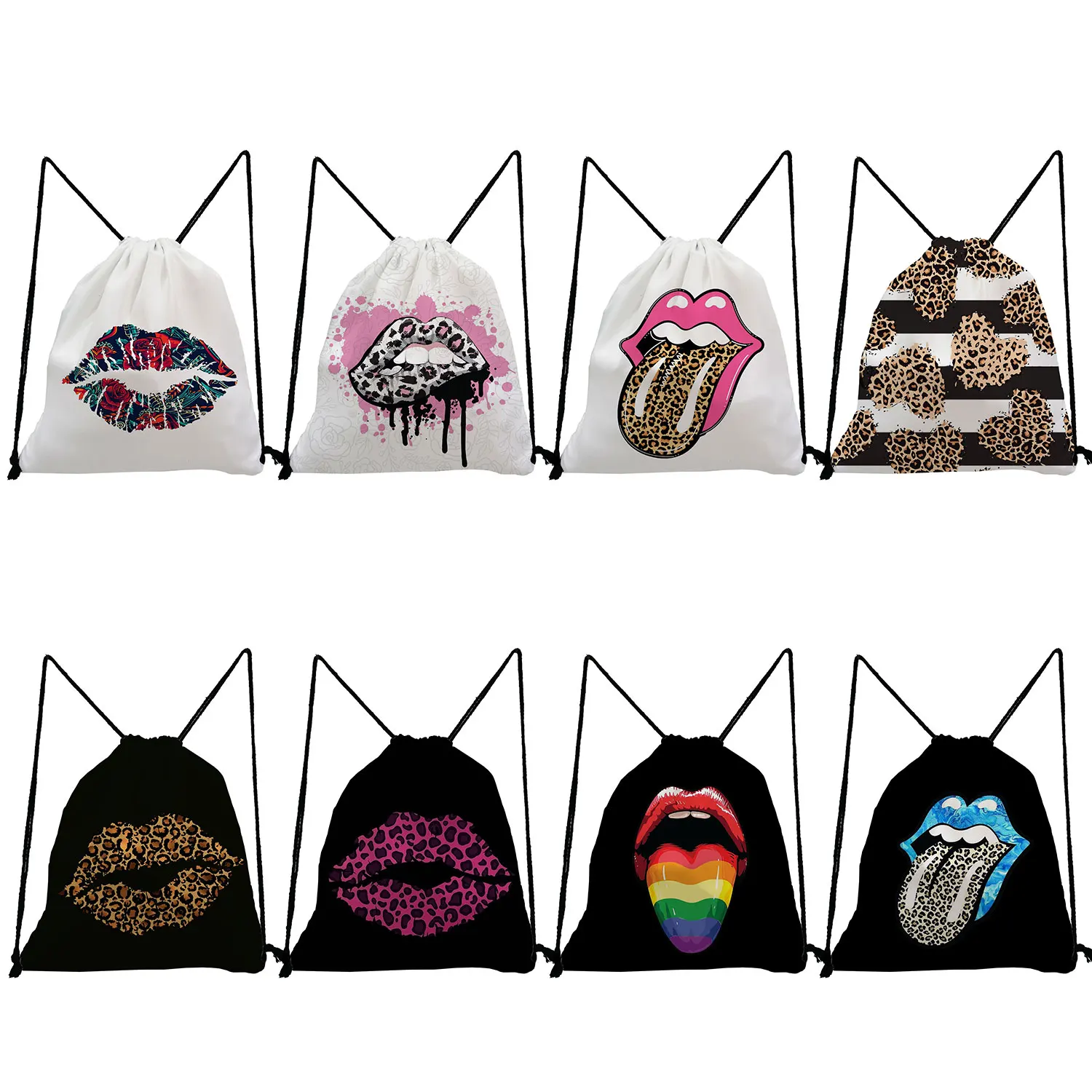 Drawstring Gift Bags Chic Fashion Storage Bag Hipster Beautiful Leopard Lips Print Teenage Travel Backpacks for Students Unisex