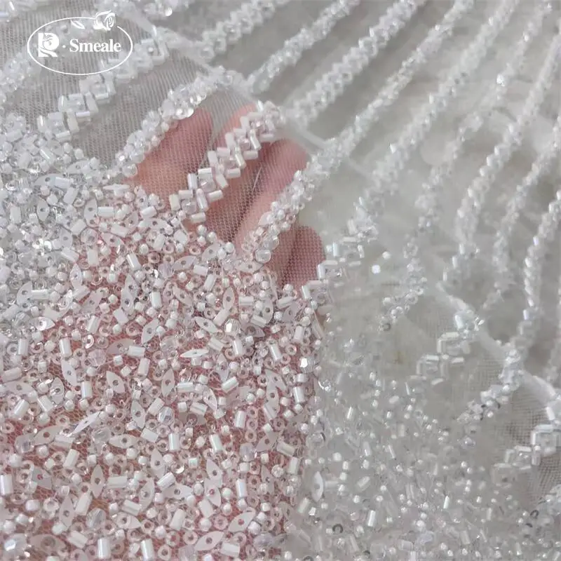 

Свадебная кружевная ткань в белую полоску, роскошное свадебное платье с блестками и бисером, усовершенствованная швейная ткань на заказ