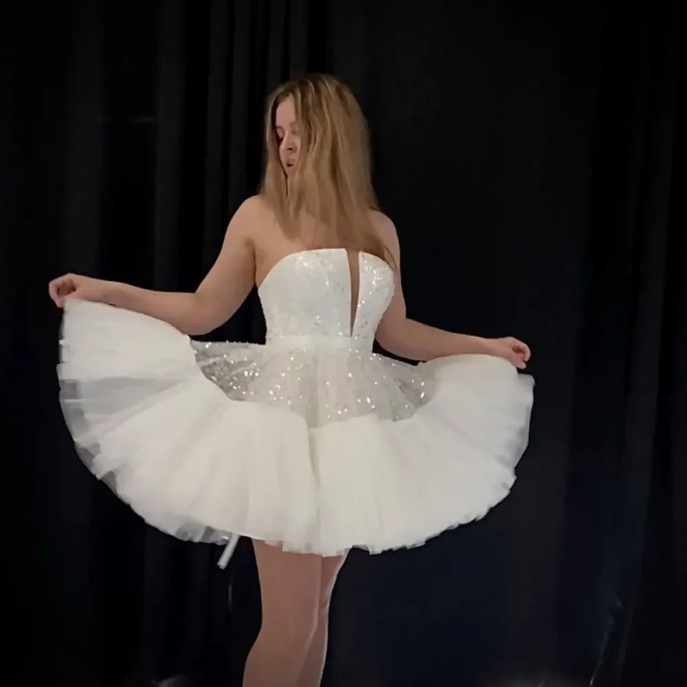 

lvory Tulle Mini Wedding Dress With Crost Sparkly Reception Dress For Bride Sweetheart A Line Bride Gowns Customized