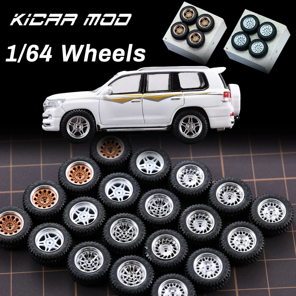 1/64 All-Terrain Model Car 4 Sets Wheels with Rubber Tire Rivet Axle Metal Rims Diameter 14.5mm Refitting Parts For Model Cars