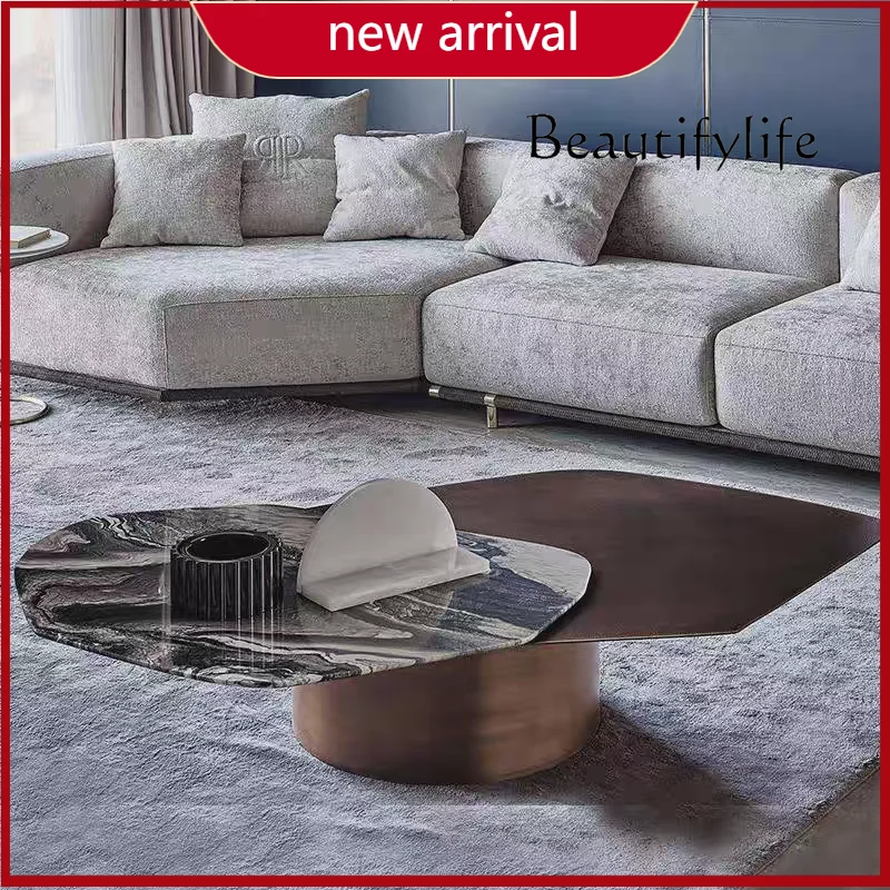 

c High-end Italian minimalist living room special-shaped rotating marble coffee table stainless steel light luxury