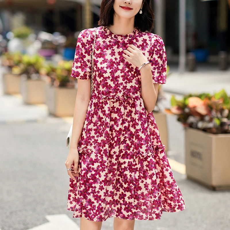 

Prairie Chic Women's Floral Print Dress 2024 Summer Short Sleeve Elegant Fashion Dresses For Women Casual 100% Real Silk Dress
