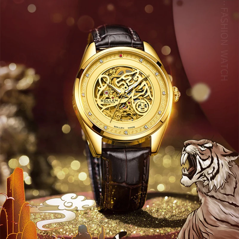 SOLLEN Orologio meccanico cavo di lusso di marca da uomo cinturino in pelle di moda impermeabile orologi automatici scheletrati in oro di fascia alta da uomo