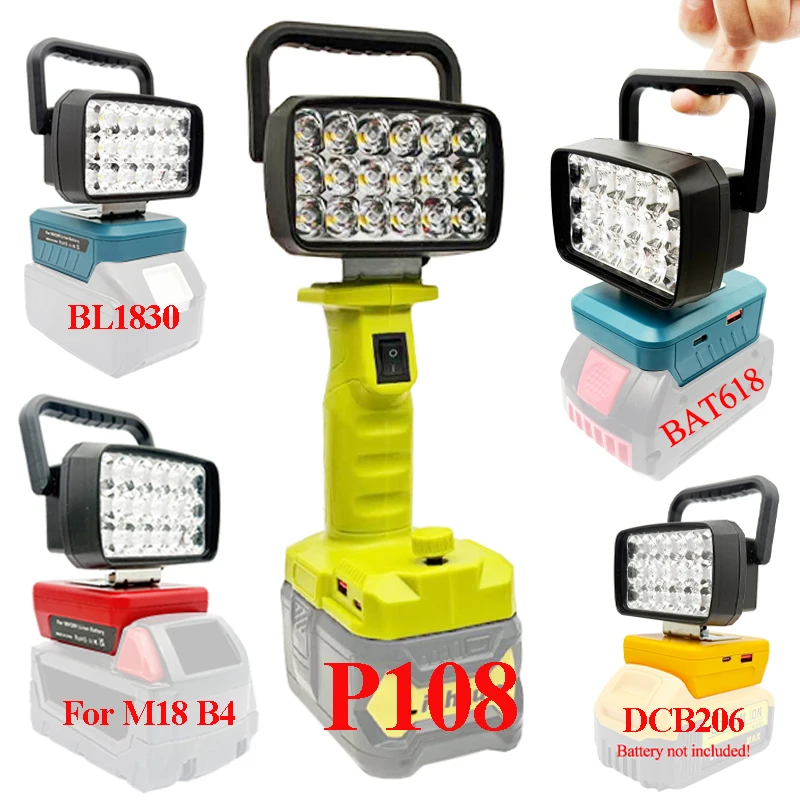 Pour Makita pour Milwaukee pour Dewalt pour M18 pour Bosch boîtier de batterie au Lithium USB batterie externe lanternes projecteur lampes de travail lampe
