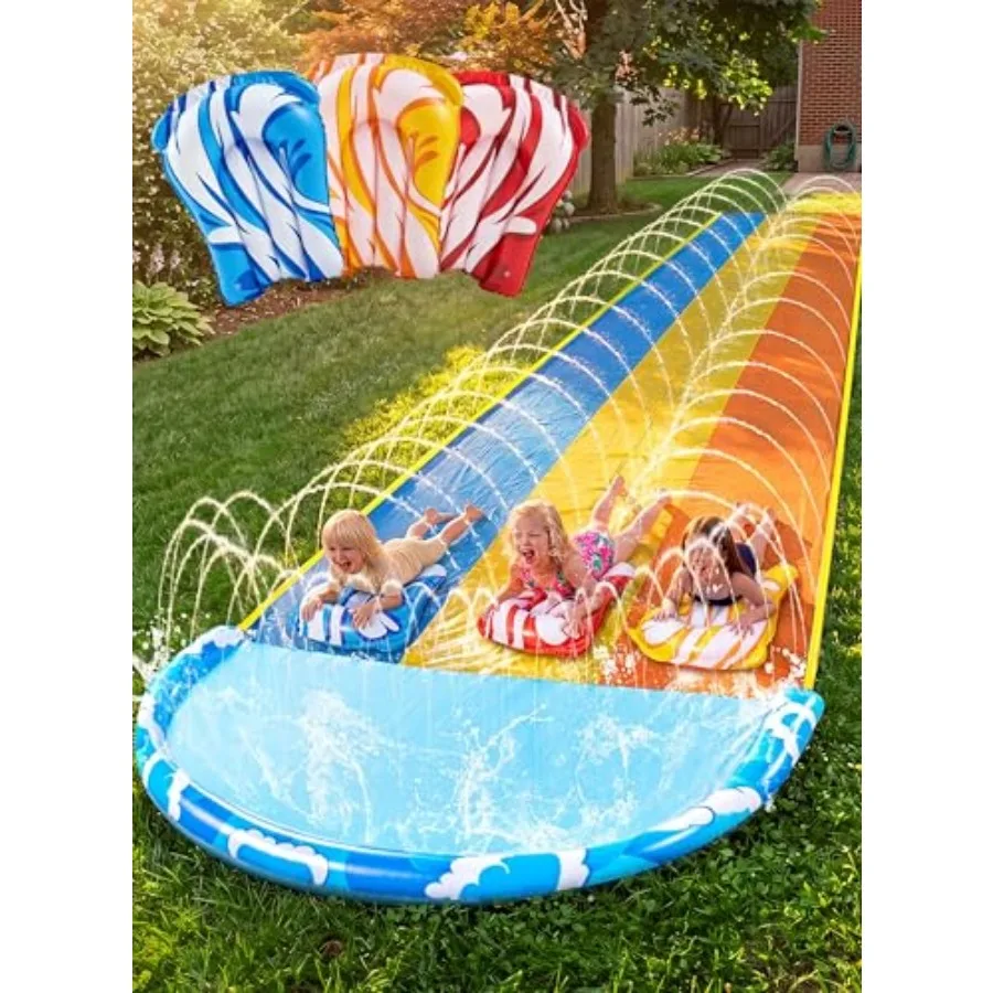 

Водная горка для газона Waves Triple, 22,5 фута x 82 дюйма, сверхпрочная, с 3 досками для катания и разбрызгивателем, для взрослых, для летнего отдыха на заднем дворе