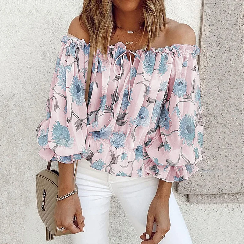 Sexy One-Shoulder Long-Sleeve Chiffon Top Women Loose Floral Print T-Shirt Sleeve Bell Sleeve Polyester Spandex Blend Spring