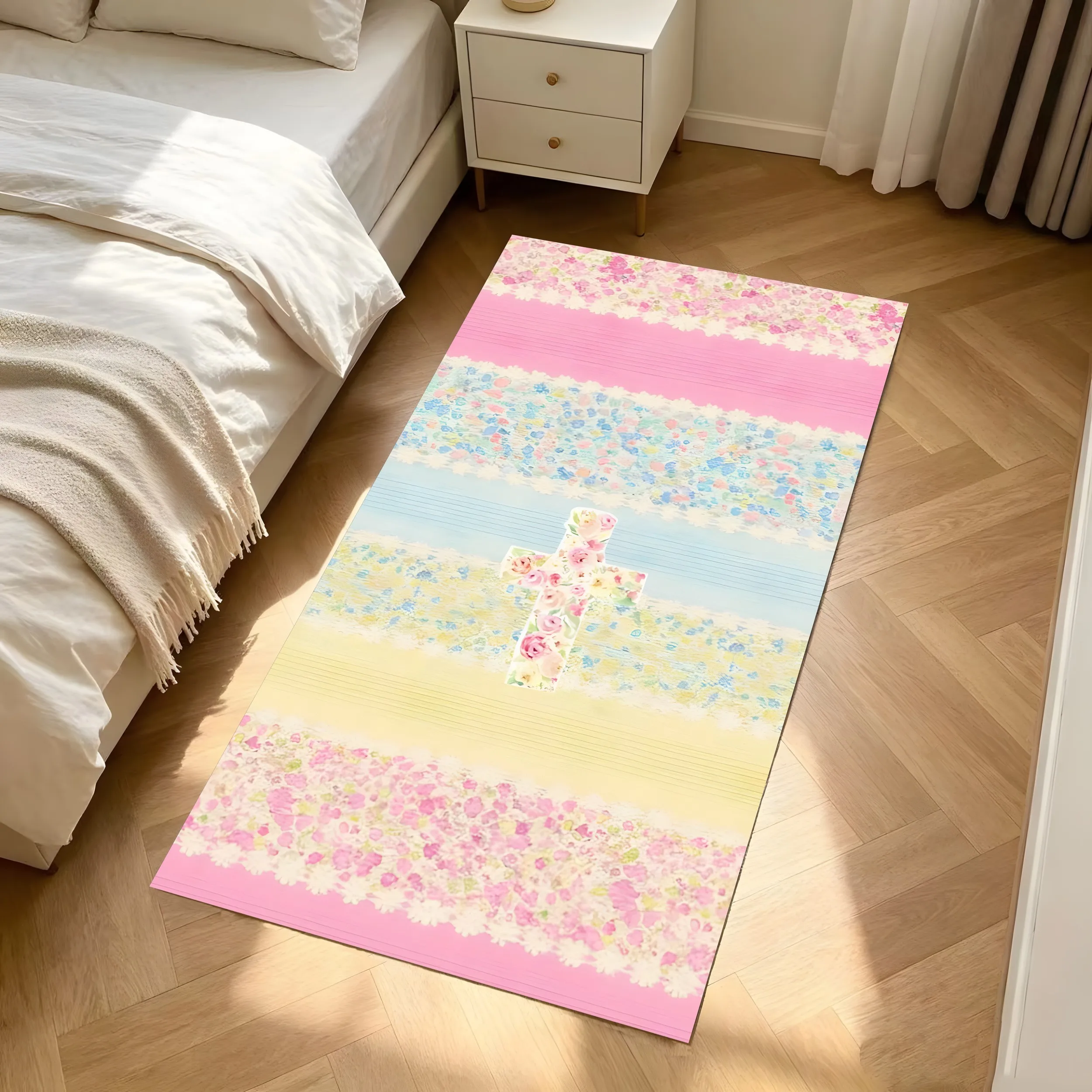 Macaron Color Striped Floral Long Rug, Sweet Lace‑Trim Design Floor Mat, Aesthetic Home Decor for Bedroom Living Room