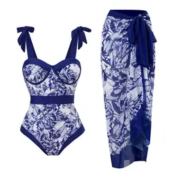 Swimsuit Cover Up Set Floral Printed Women's Bikini Set with Ruffle Detail Lace-up Cover Up 2 Piece Beach Bathing for Summer