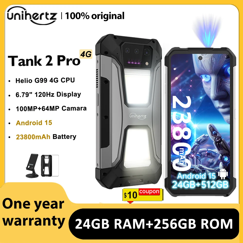 Unihertz Tank 2 PRO 8849 téléphones with Projector 2.4K 23800 mAh 24GB+512GB Android 14 100MP NFC 120W G99 Octa Core Dual SIM