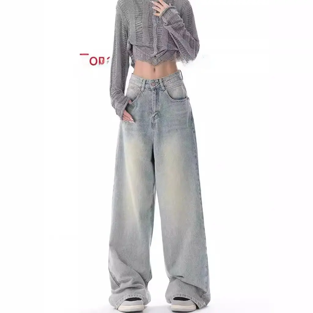 KEN STUDID Pantalon à jambes larges pour femme, jean coupe ample au design rétro américain pour début d'automne