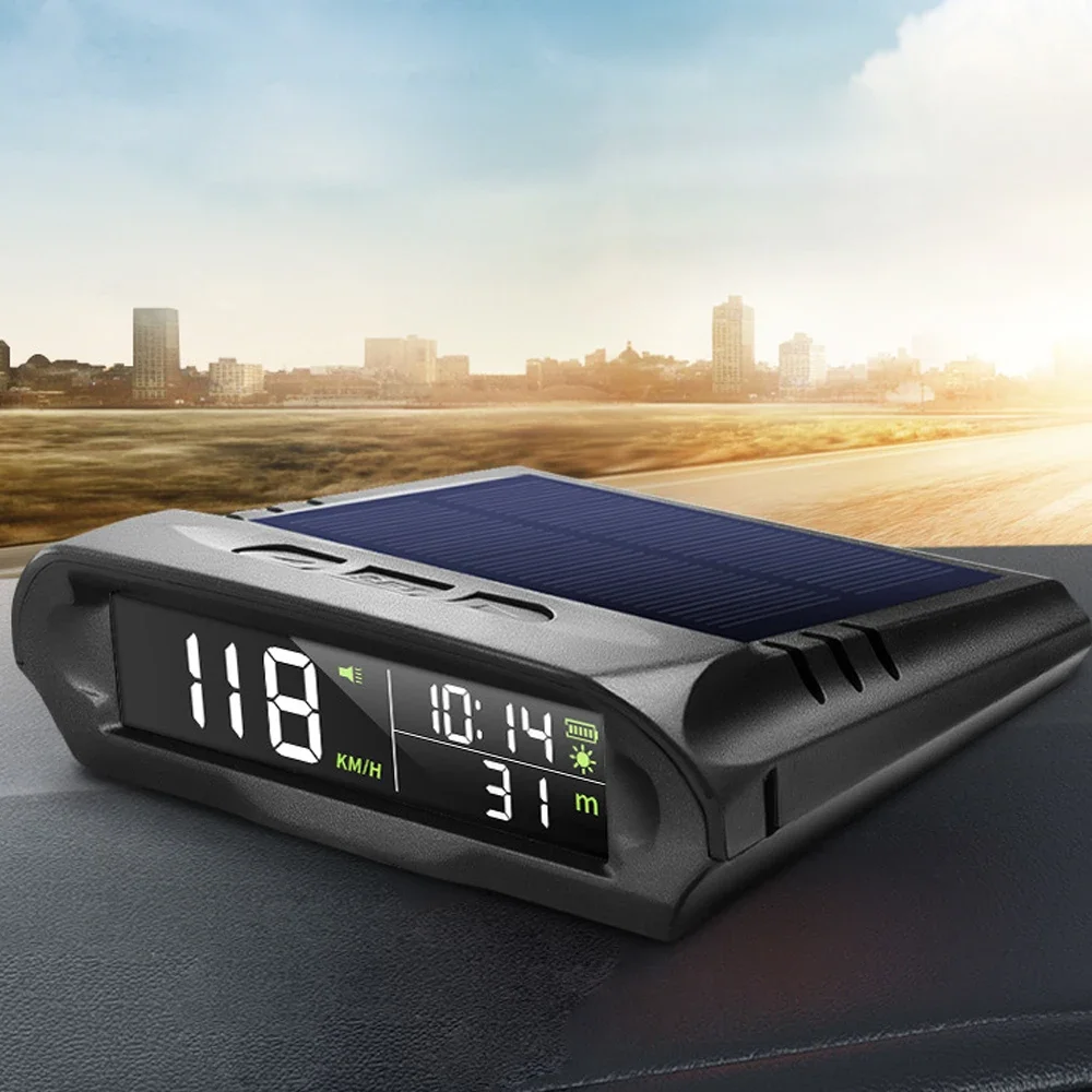 Car Wireless Headup Display Solar GPS Digital Speedometer with LCD Screen Overspeed Alarm KMH/MPH Time/Altitude/Temperature/Spee