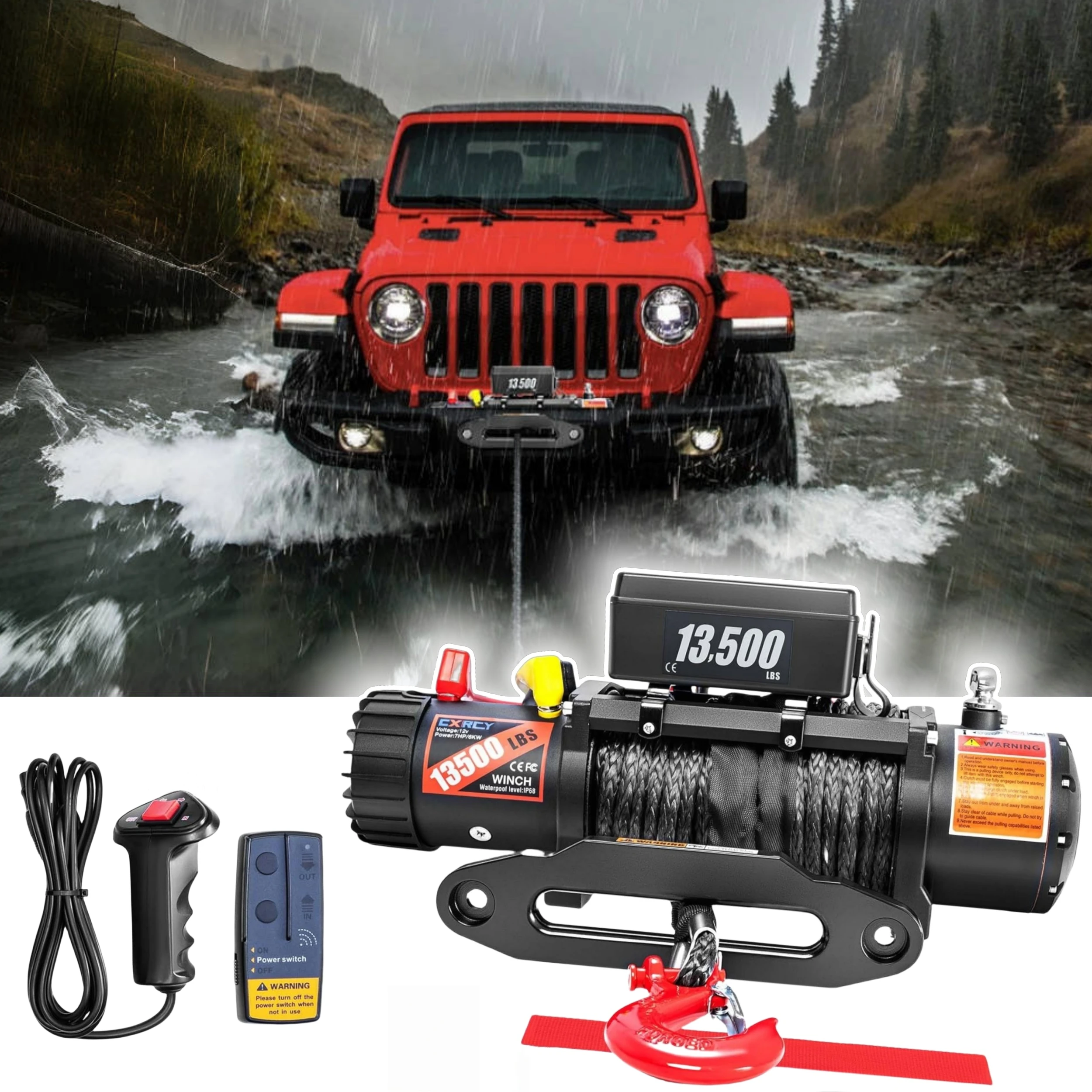 

12V Electric Winch, Load Capacity Synthetic Rope Towing Winches for Jeep Truck SUV,with Wired Handle and Wireless Remote