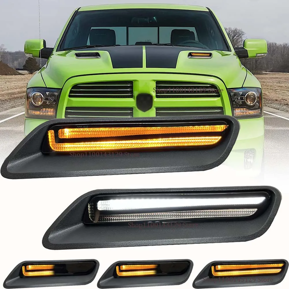 Led Vent Hood Scoop Light Bar Kit Fit 2010-2022 RAM 1500 Sport Hood Switchback White DRL Driving Lamp w/Amber Sequential Turn Si