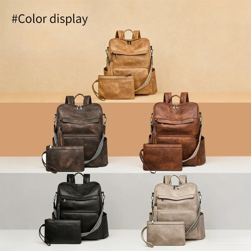 PU Leather Women's Backpacks Designer Bagpack with Tassel Large Capacity Bag with Pouch Mummy Bag Anti-theft Laptop Shoulder Bag