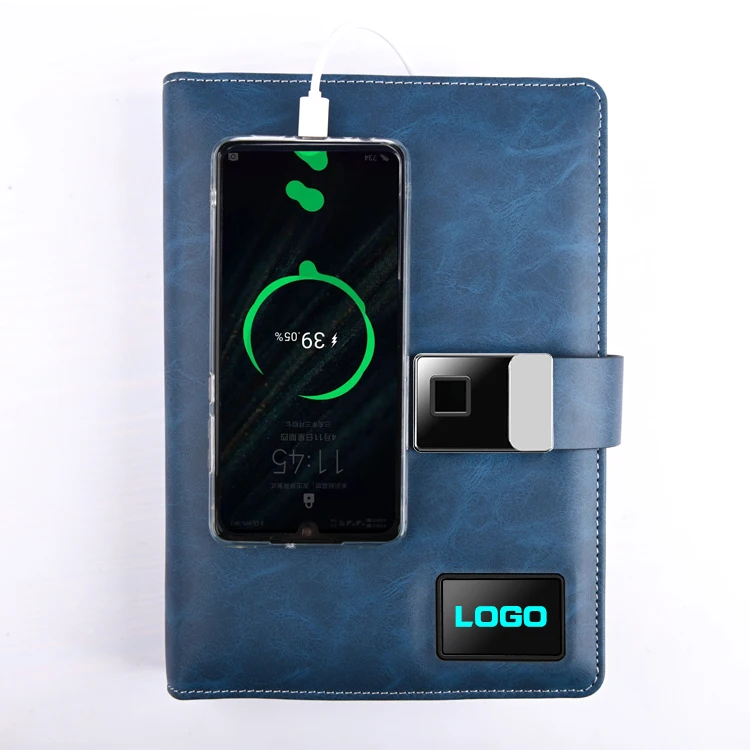 

Custom A5 LED Light LOGO Wireless Charging Fingerprint office Stationery Note Book Flash Powerbank Videos Notebook