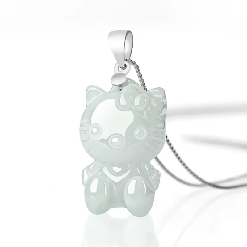 

Myanmar Natural Jadeite Cartoon Cat Charm Icy Cute Pendant Necklace Gift for Women