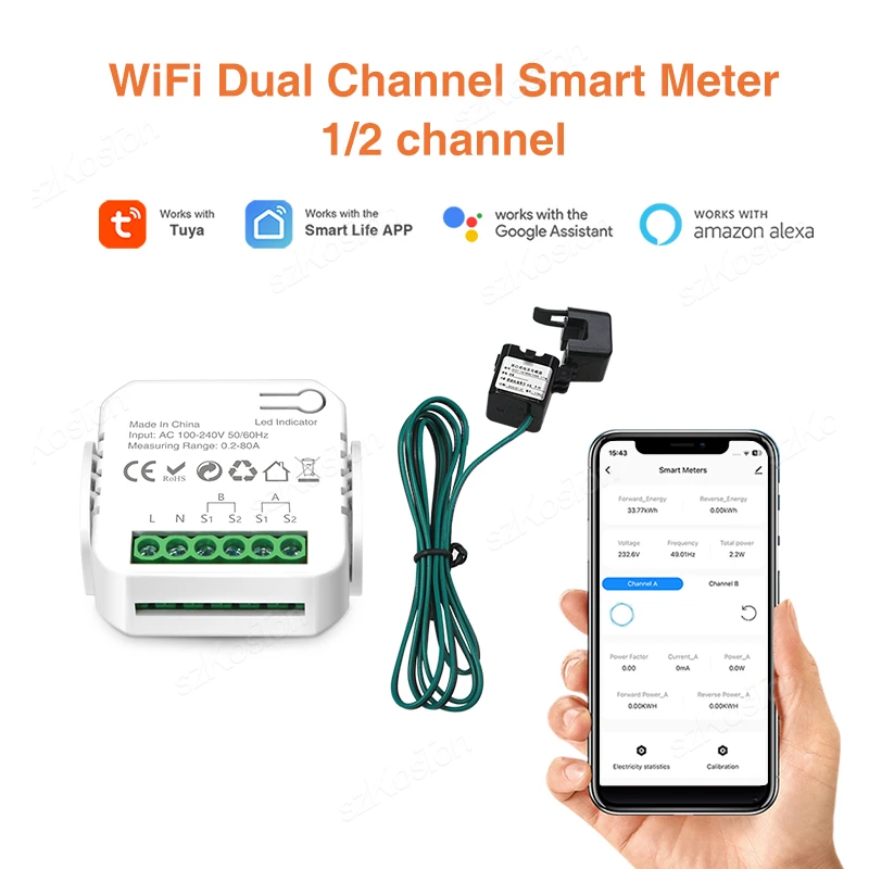 Medidor de Energia Inteligente Tuya Monitoramento em Tempo Real Wifi Canal Canais Grampo de Transformador de Corrente Sistema Solar pv Controle App 80a