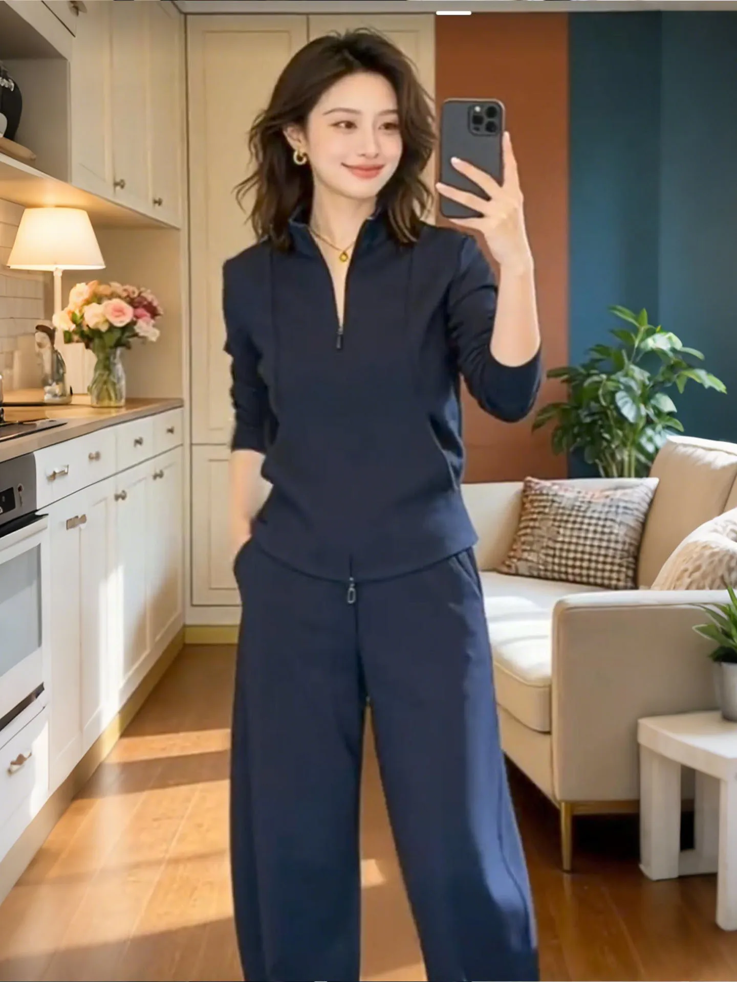 

Slimming Elegant Two-Piece Set Spring Autumn New Sport Style Half Zipper Stand Collar Top Wide Leg Pants Women's Fashion Set