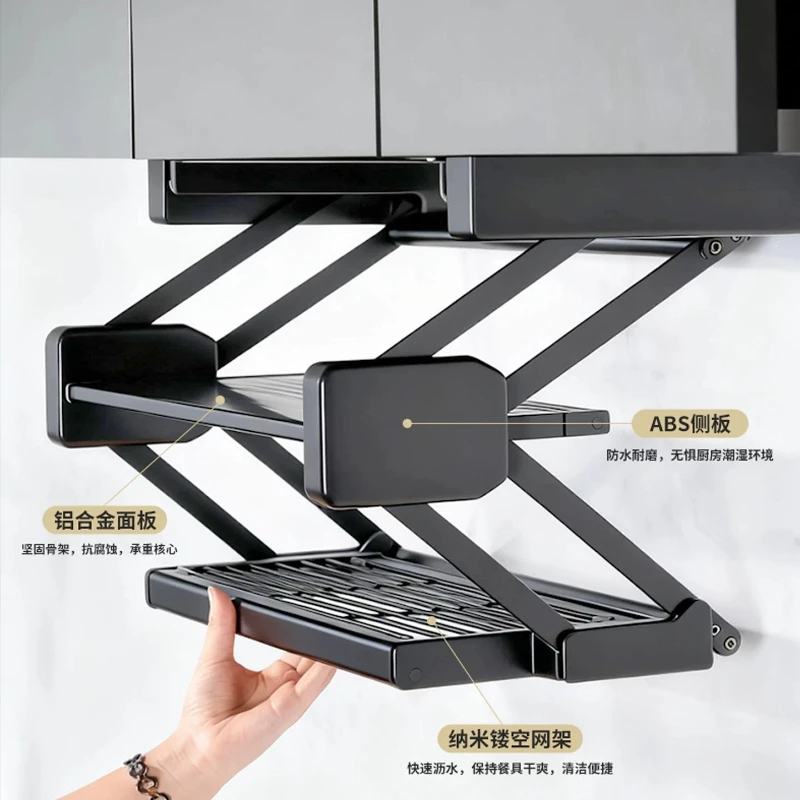Foldable storage rack, pull-down double-layer lifting telescopic storage rack, storage rack