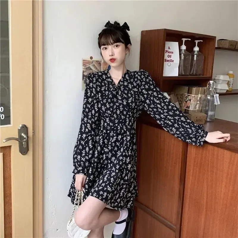 Dress Women Spring Autumn Vintage Floral Print V-Neck Dresses Women Long Sleeve Mini Dress Korean Fashion Vestido De Mujer