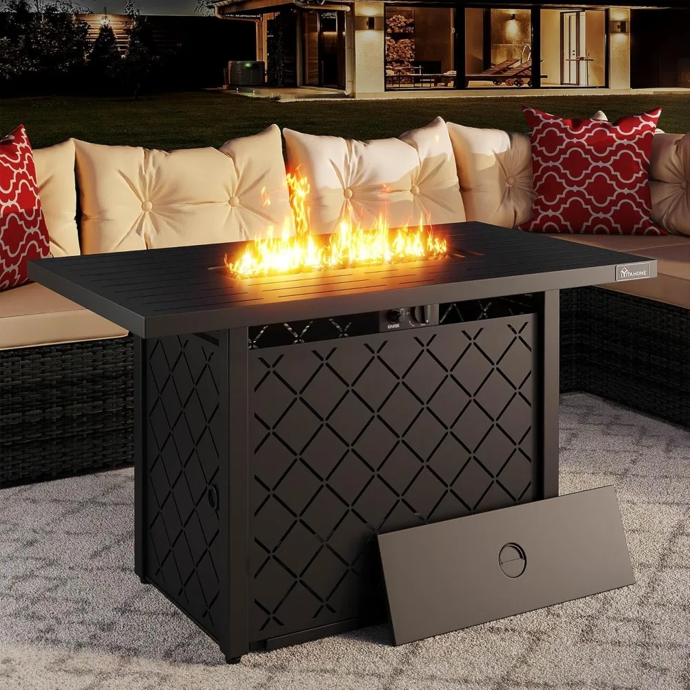 43 Inch Propane Fire Pit Table, 50,000 BTU Gas Fire Pit with Ignition Systems, Iron Tabletop, Lava Rock, Lid, Rectangular