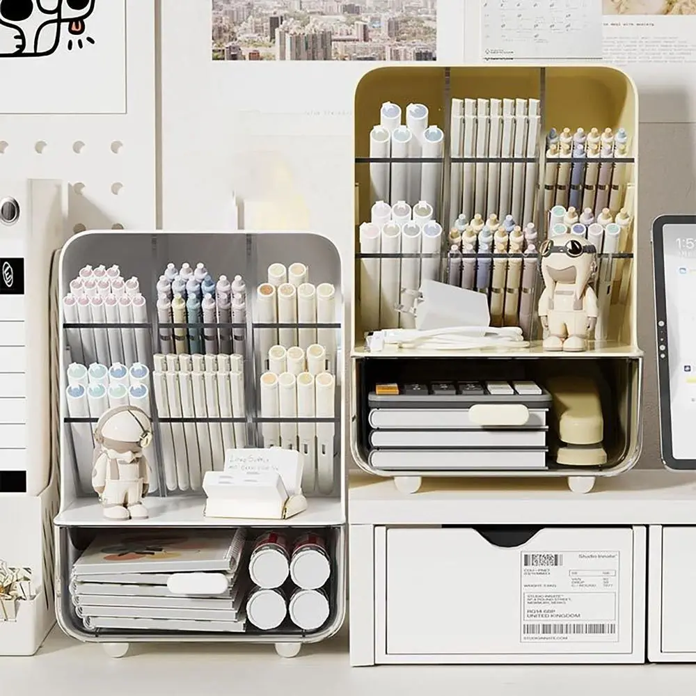 서랍이 있는 플라스틱 경사 펜꽂이, 대용량 경사 데스크탑 보관함, 내구성 방진 데스크탑 잡화 보관 랙