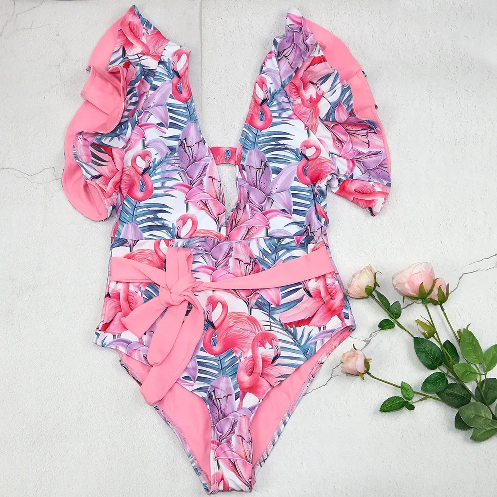 2022 New Print Swimwear Deep V-neck Ruffle Swimsuit Push Up One Piece Swimsuit Beach Wear Backless Monokini