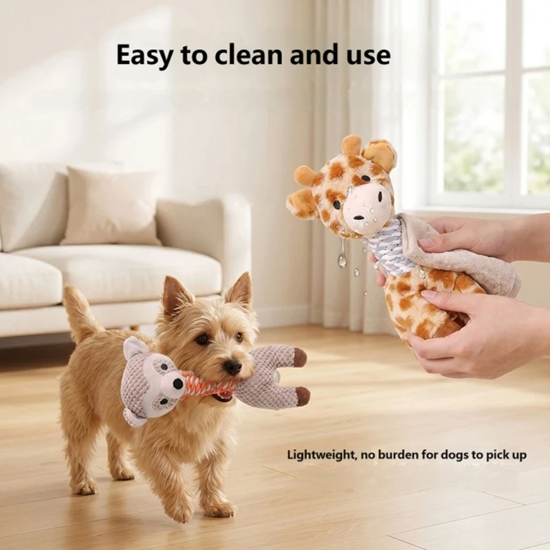 Dog Chew Toy Giraffe Fawn with Squeaky Sound and Rope Neck, Soft Plush Toy for Carry Toss and Daily Indoor Use, Single Pack Y5GB