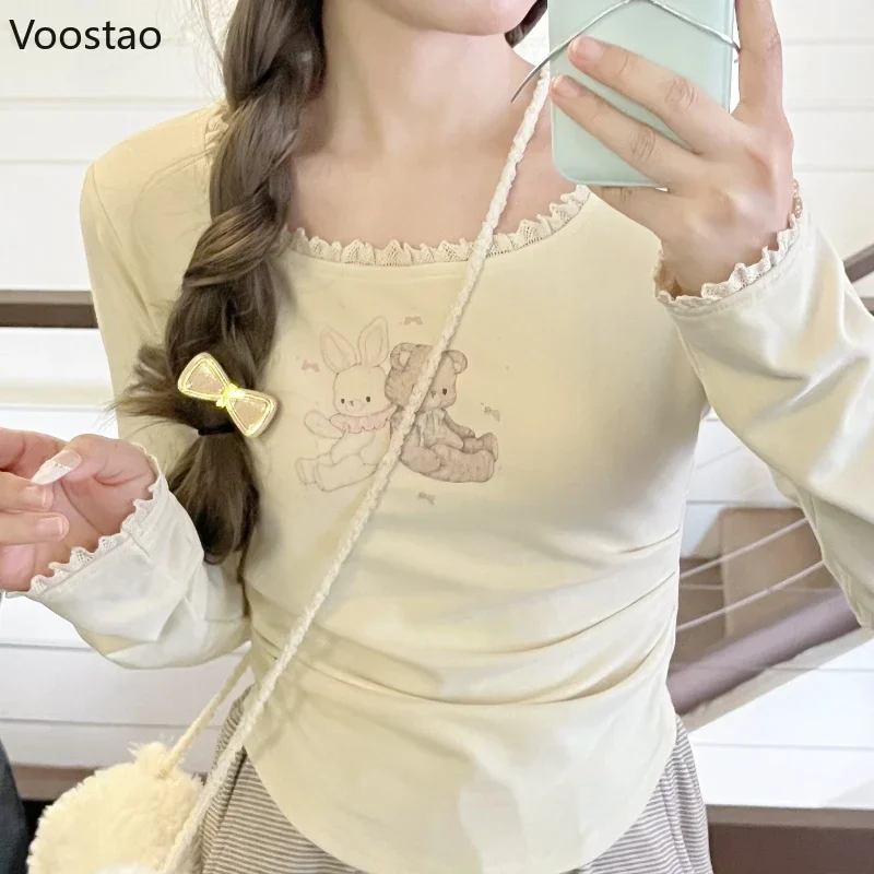 Japanese Kawaii Lolita Style T-Shirt Women Y2k Cartoon Bear Print Sweet Slim Tops Female Korean Fashion Long Sleeve Casual Tees