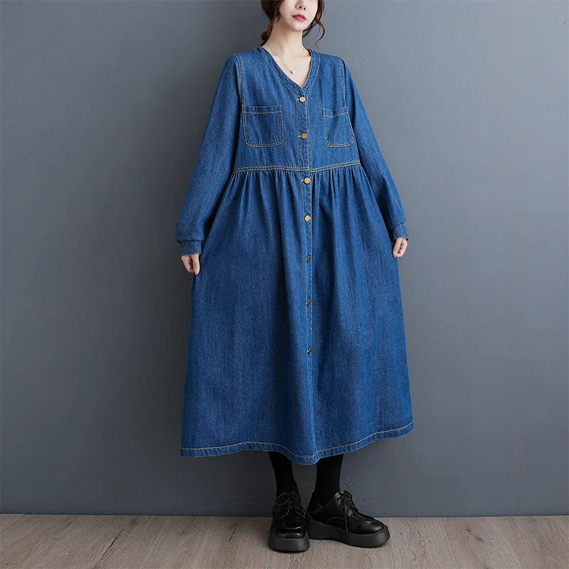 Fall Winter Denim V-Ne Dr High Waist Loose Long Sve A-Line Long Dr Slimming Pleated Commute Sle Retro Skirt