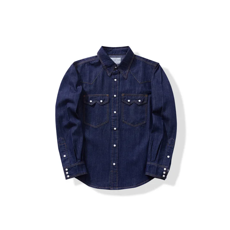 Amekaji American Vintage Pearl Snap Washed Slub Denim Shirt - Raw Indigo Workwear Shirt for Men Soft OKONKWO
