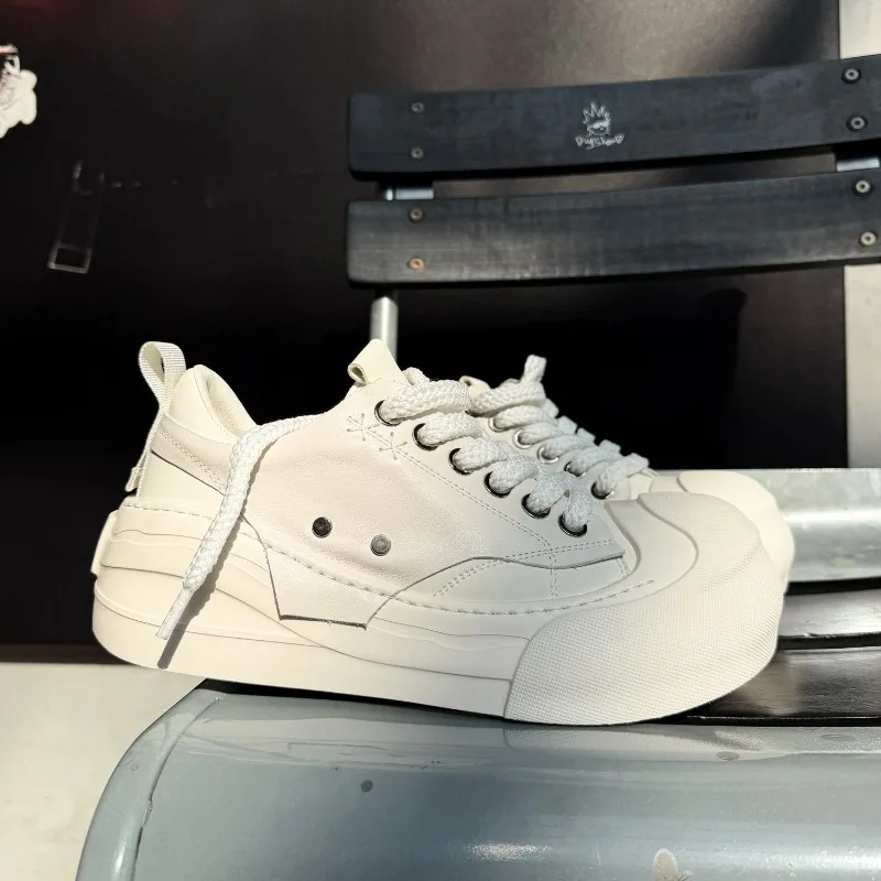 Genuine Leather Men Casual Skate Shoes Chunky Toe Thick Platform Sneakers Lace Up Height‑Increasing Daily Walking Footwear
