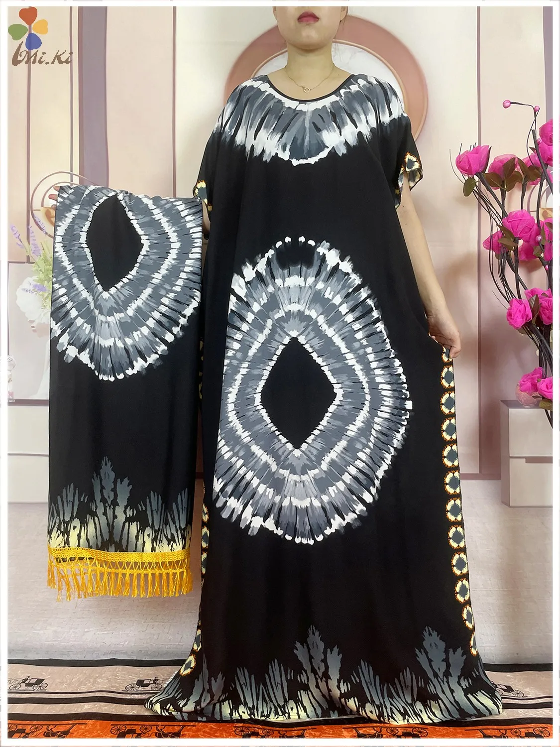 

Summer African Women Party Robe Tie Dyed Print Loose Cotton Large Size Scarf Dress Kaftan Dress Islamic Short sleeved Clothing
