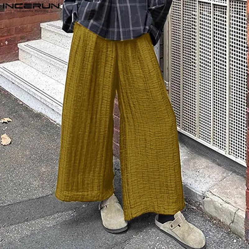 

INCERUN 2024 Korean Style Trousers Men's Solid Color Texture Pantalons Leisure Streetwear Male Simple Wide Leg Long Pants S-5XL