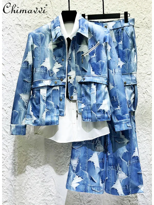 

2026 Spring New Fashion Male Suits Personality Printed Patchwork Short Denim Jacket Casual Straight Trousers Men's 2 Piece Sets