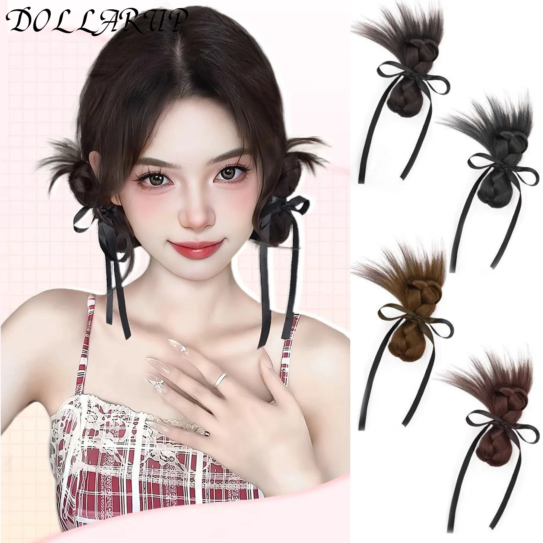 

Synthetic Half-tie Double Hair Bun Messy Claw Clip Bun Twist Hair Extension Bow Ribbon Straight Bun Clip-in Bun Hair Accessories