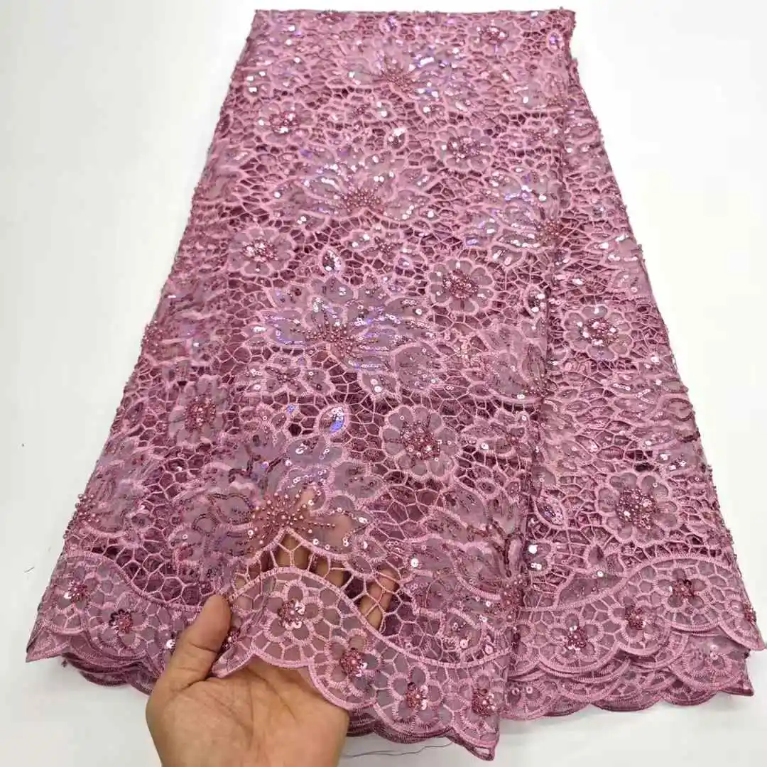 2025 新デザイン高品質コードレースファッションビーズスパンコールアフリカギピュールレース生地刺繍レースパーティーイブニングドレス
