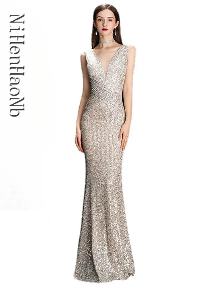 

Elegant V Neck Sequin Evening Dress Long 2023 New Women Mermaid Formal Dress Party Gown Bodycon Maxi Prom Dresses