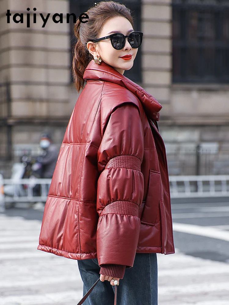 TAJIYANE 100% Rindsleder Gans Unten Mantel Stehkragen Kurze Echt Leder Puffer Jacke Frauen Winter Outer Frau Kleidung 2025