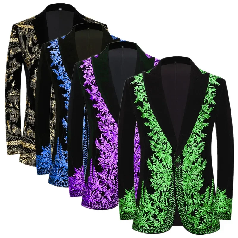 

Men Wedding Banquet Party Luxurious Jacquard Suit Gold Velvet Jacket Fashion Singer Stage Performance Dress Blazer