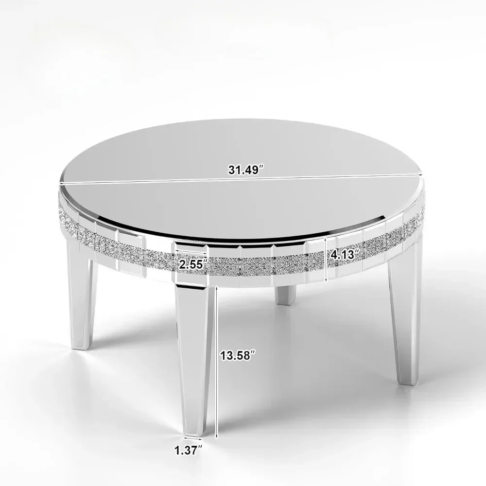 Silver Living Room Circular Coffee Table, Uxurious Mirror Finish,31.5inch Mirror Finish Coffee Table with Legs and Crystal Inlay