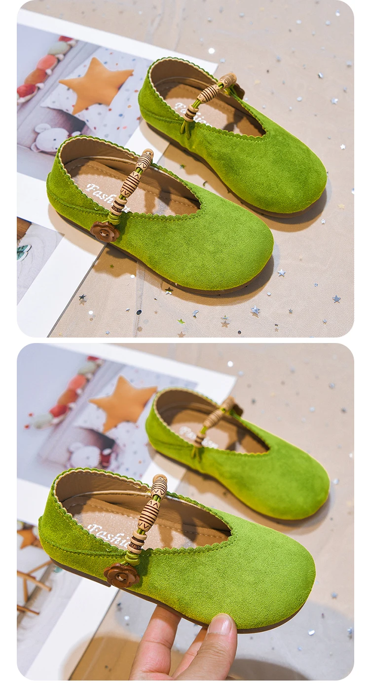 Mädchen-Ballerinas mit Blumenknopf 2026 Neue Herbst-Kinder-Wildlederschuhe Weiche Sohle Boho-Stil Partyschuhe – Detail 5