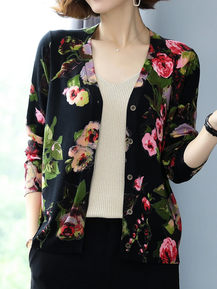 Sweater Women New Autumn Casual Print Floral Long Sleeve Woman Cardigan High Quality Knitwear Single-breasted Cardigans