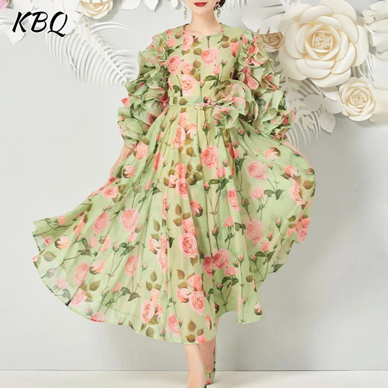 

KBQ Floral Printing Elegant Dresses For Women Round Neck Long Sleeve High Waist Spliced Ruffles Slimming Colorblock Dress Female