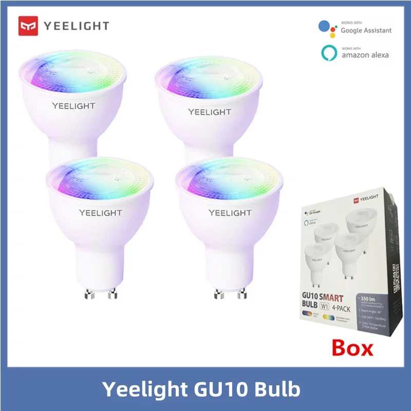 Светодиодная лампа Yeelight GU10 W1, регулируемая яркость/красочная лампа, 4 упаковки, 350 люмен, синхронизация игр, музыки, приложение для голосового управления Google Assistant