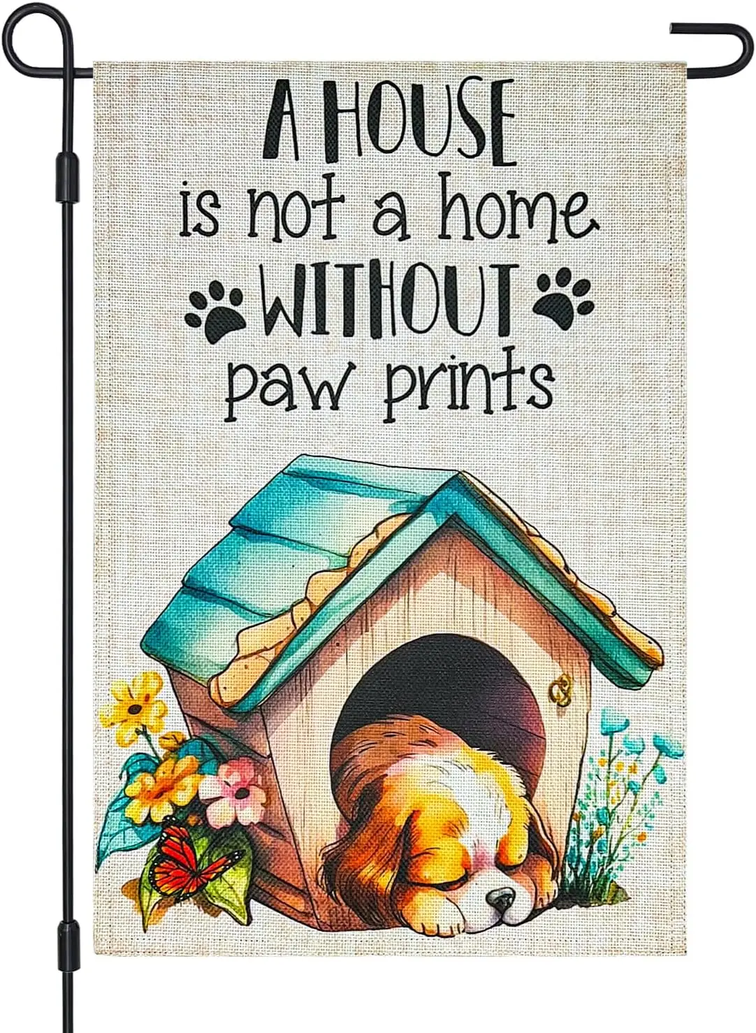 Spring Summer Puppy Dog Garden Flag Double Sided 12×18 Inch,A House Is Not A Home Without Paw Prints Small Vertical Burlap F SSL