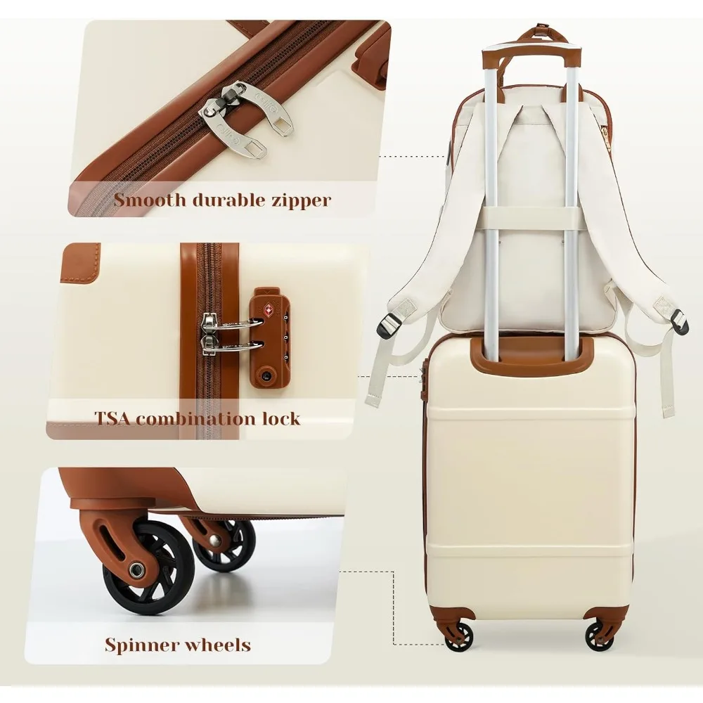 Ensemble de valises rigide Spinner 3 pièces avec serrure TSA, poignée télescopique, bagage à main, ensemble de bagages de voyage blanc
